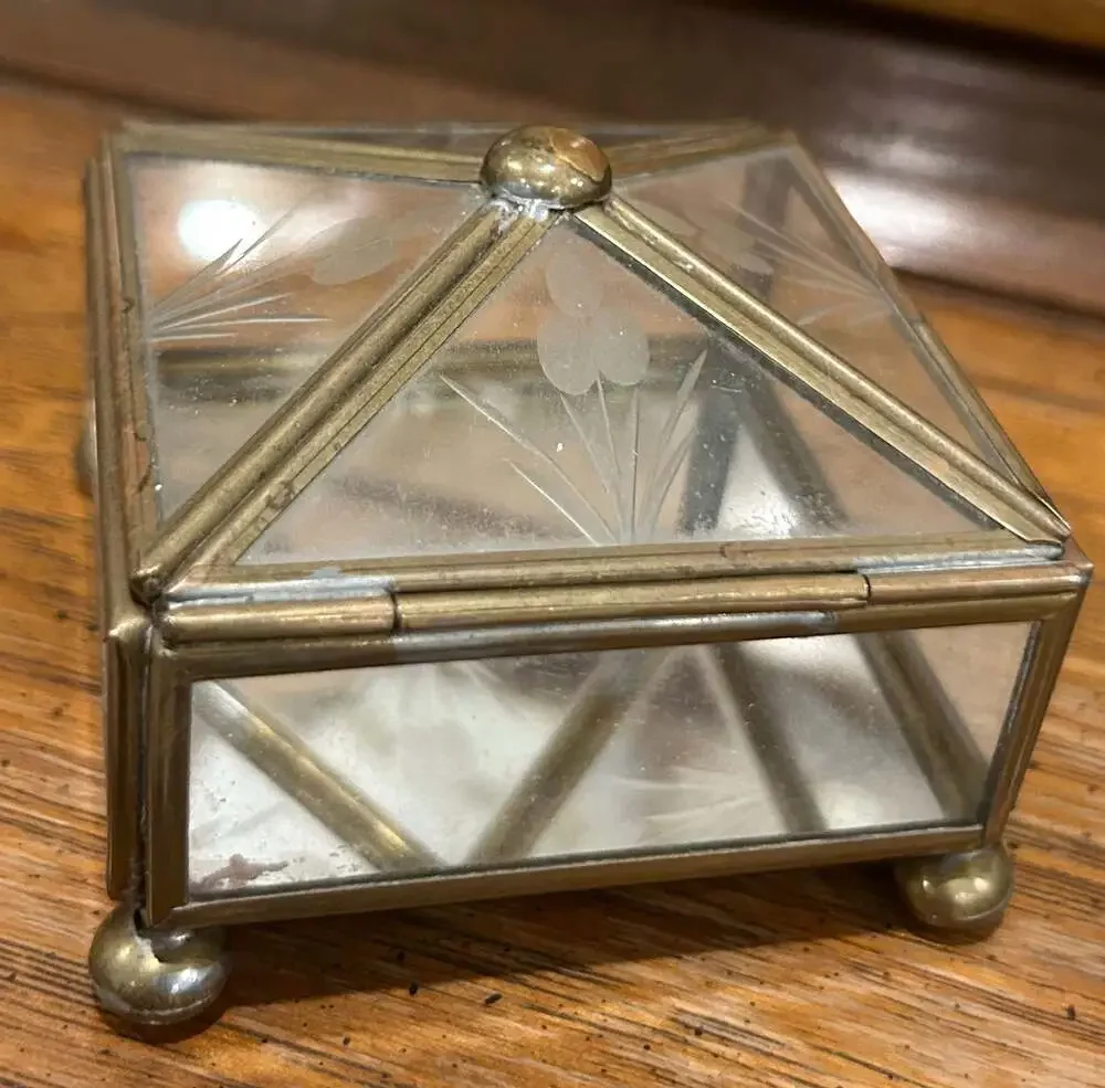 Vintage Brass and Etched Glass Footed Trinket Box with Mirrored Bottom